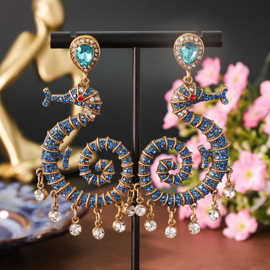 Teal Seahorse Crystal Drop Earrings