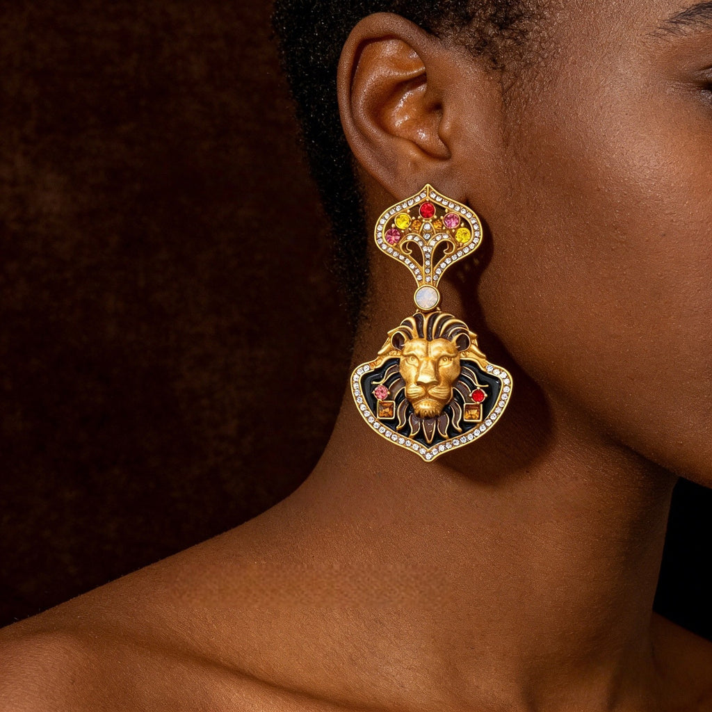 Regal Lion Head Drop Earrings