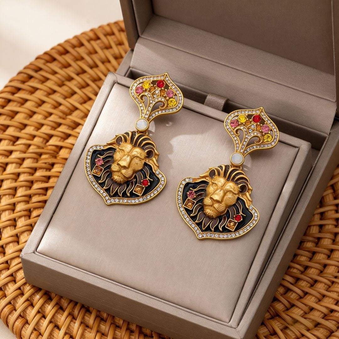 Regal Lion Head Drop Earrings