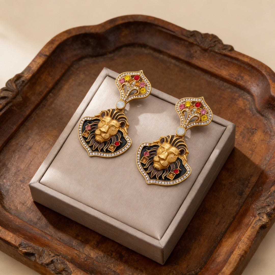 Regal Lion Head Drop Earrings
