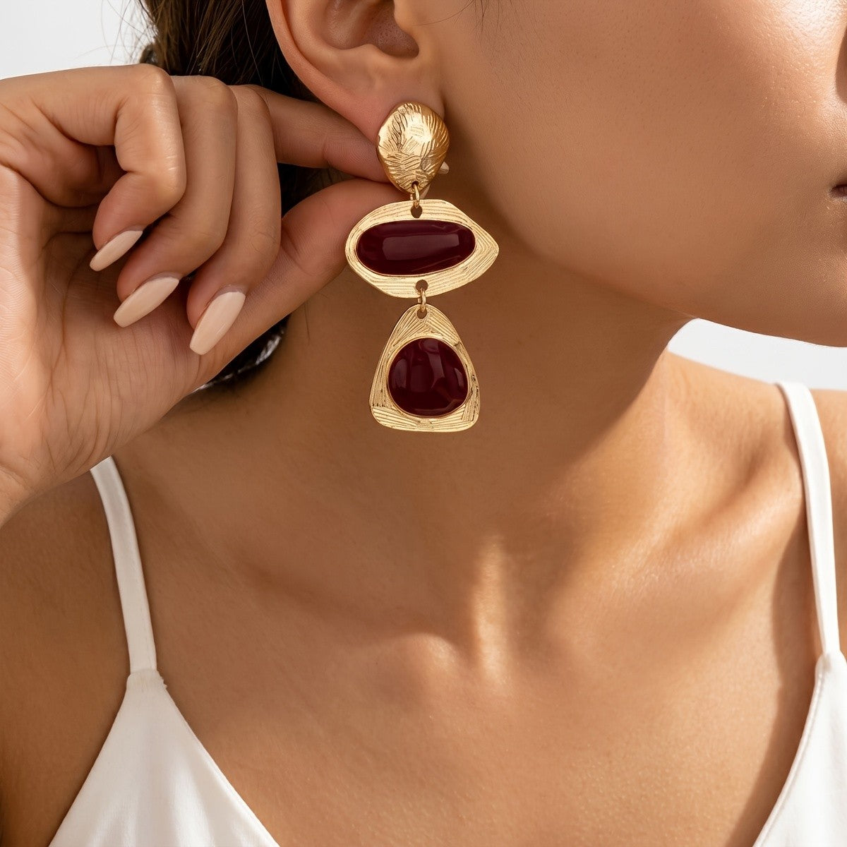 Burgundy Geometric Cascade Drop Earrings