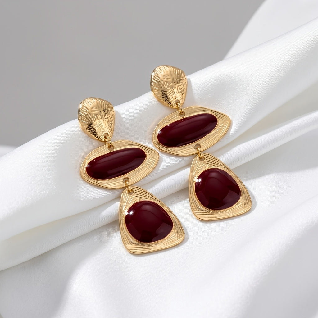 Burgundy Geometric Cascade Drop Earrings