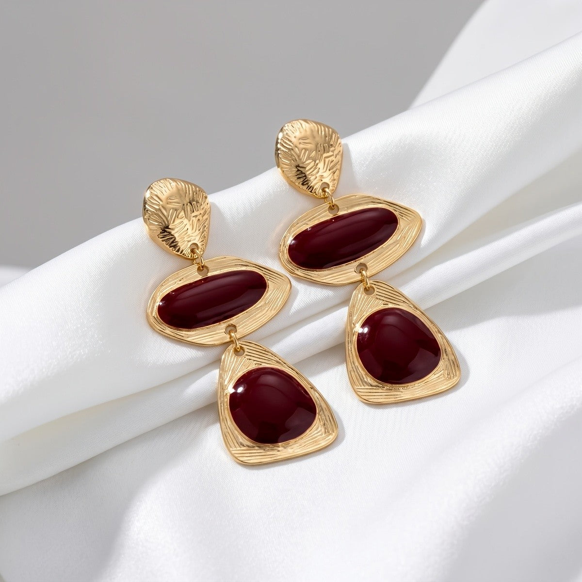 Burgundy Geometric Cascade Drop Earrings