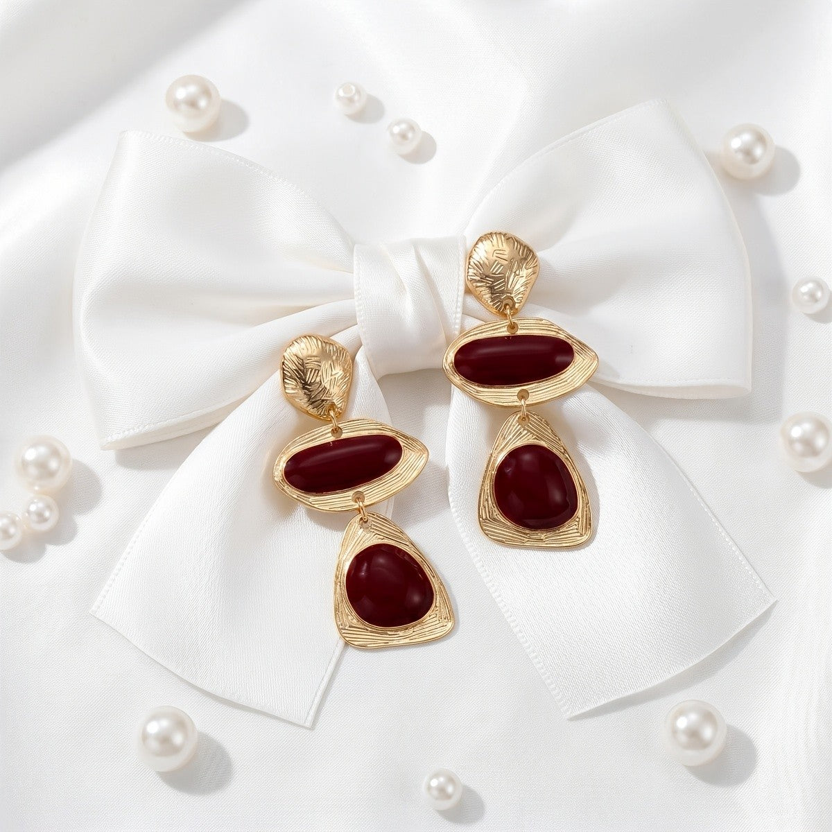 Burgundy Geometric Cascade Drop Earrings