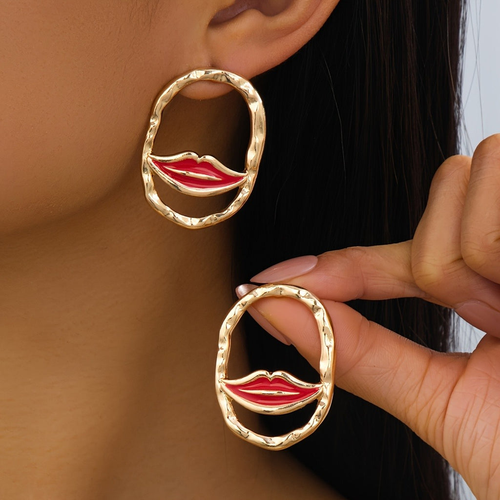 Bold Red Lip Enamel Drop Earrings