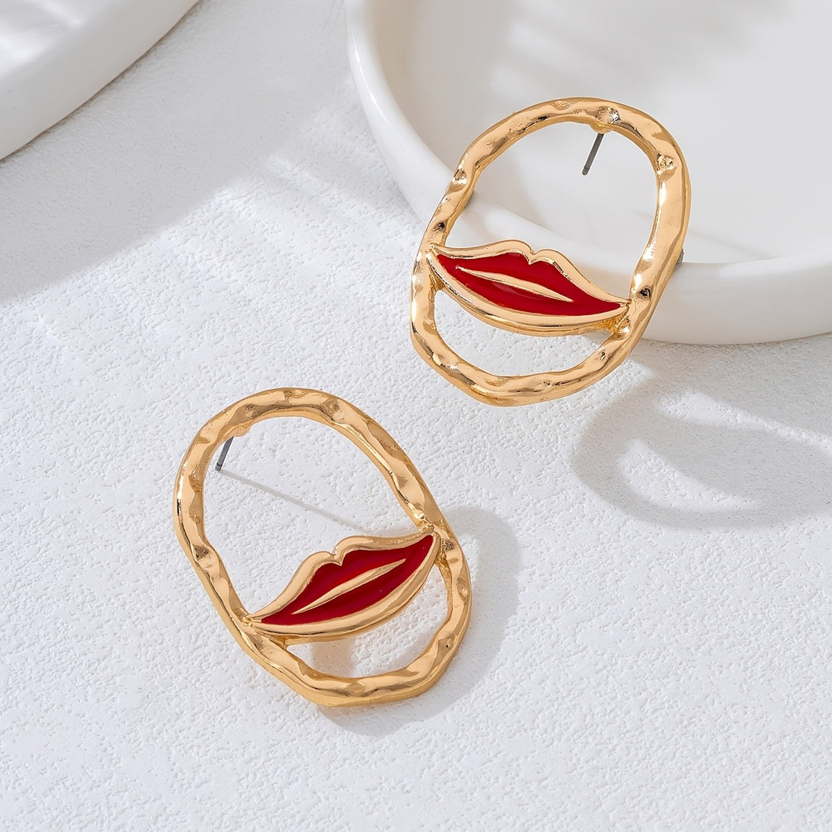 Bold Red Lip Enamel Drop Earrings
