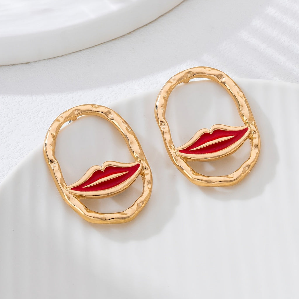 Bold Red Lip Enamel Drop Earrings