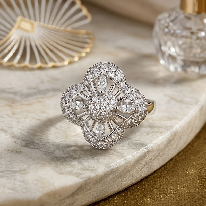 Elegant Floral Pave Statement Ring