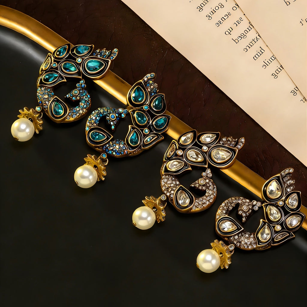 Ornate Peacock Pearl Drop Earrings