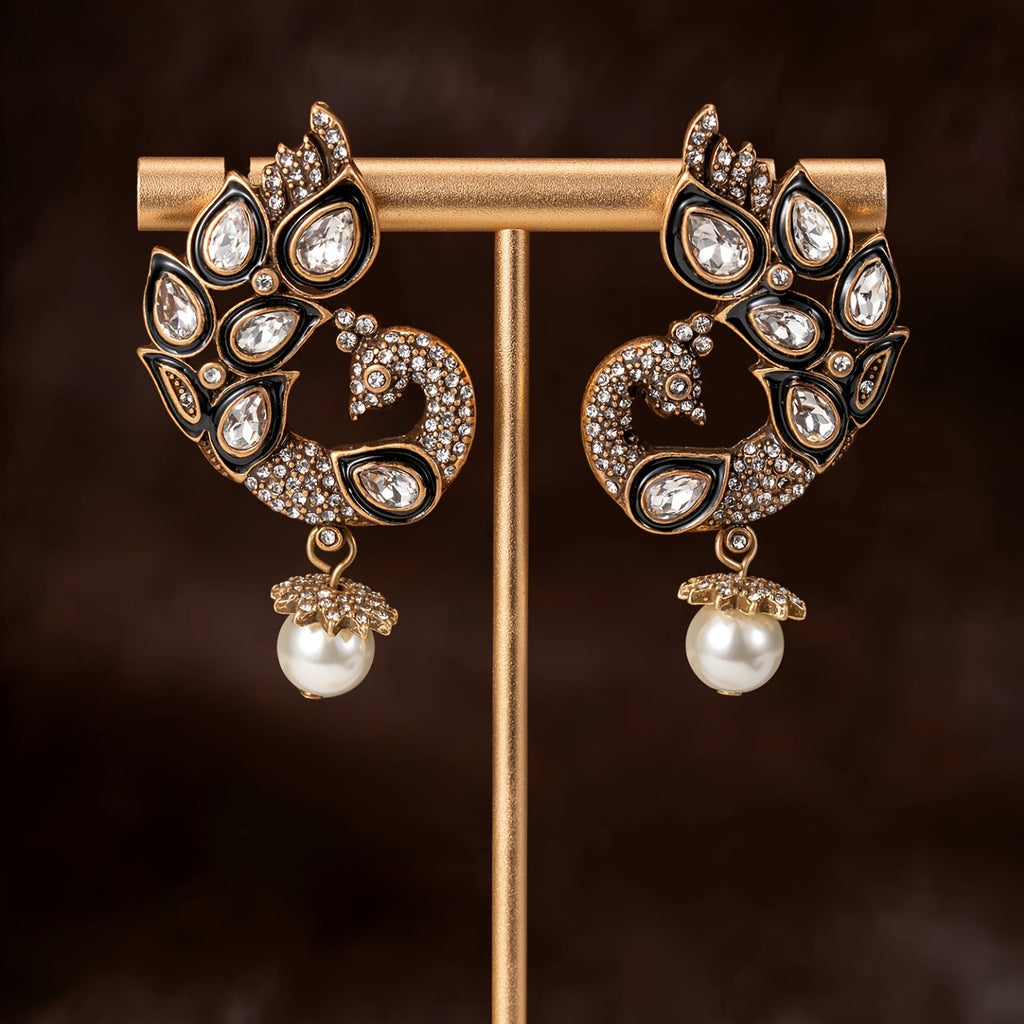 Ornate Peacock Pearl Drop Earrings