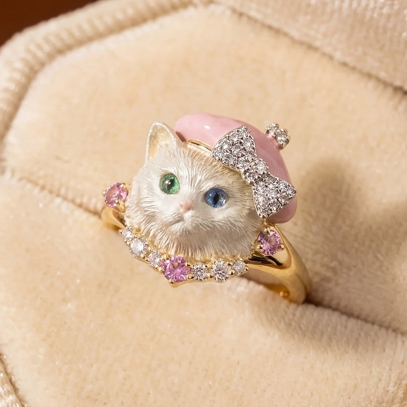 Whimsical Heterochromia Cat Statement Ring
