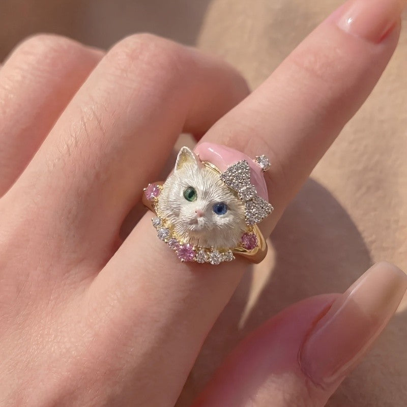 Whimsical Heterochromia Cat Statement Ring