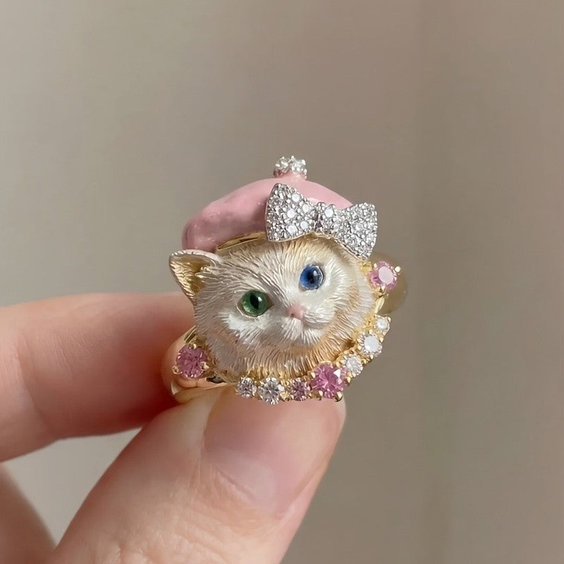 Whimsical Heterochromia Cat Statement Ring