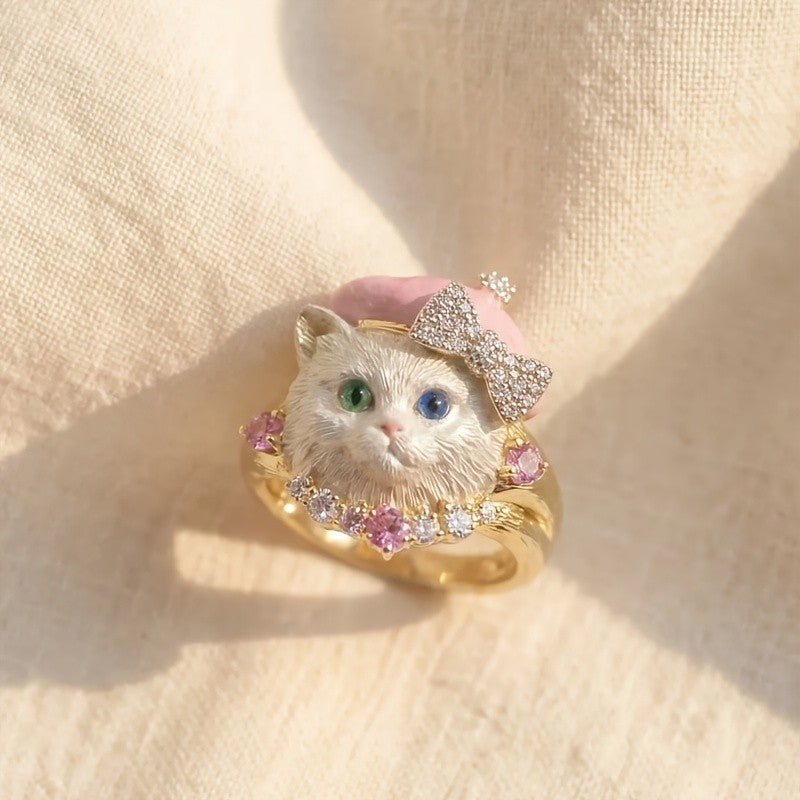 Whimsical Heterochromia Cat Statement Ring