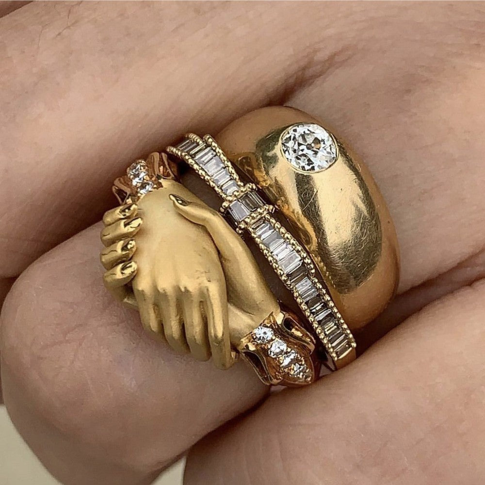 Elegant Handshake Gemstone Ring Set