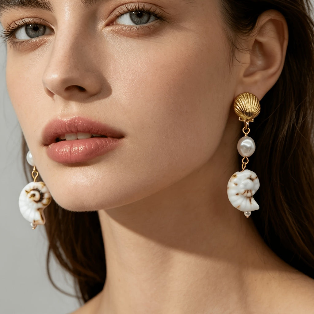 Nautical Shell Pearl Drop Earrings