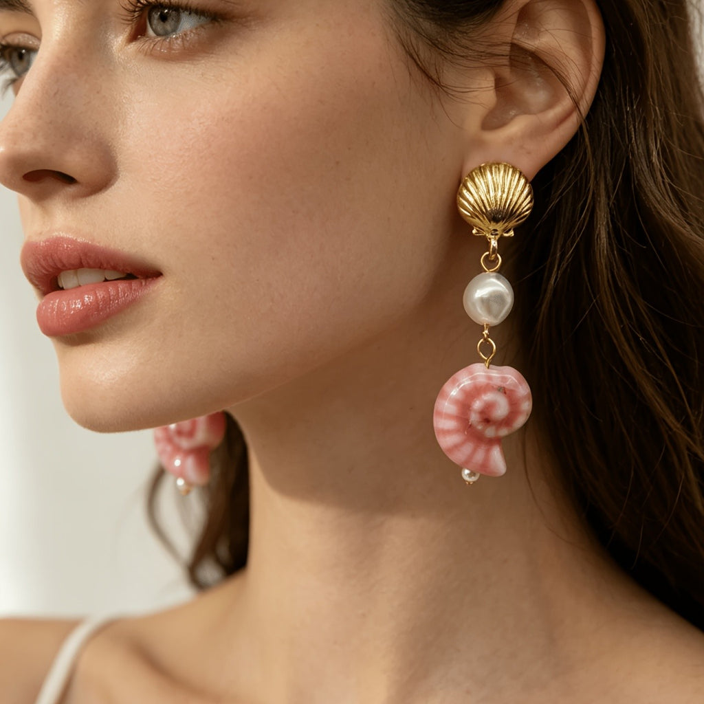 Nautical Shell Pearl Drop Earrings