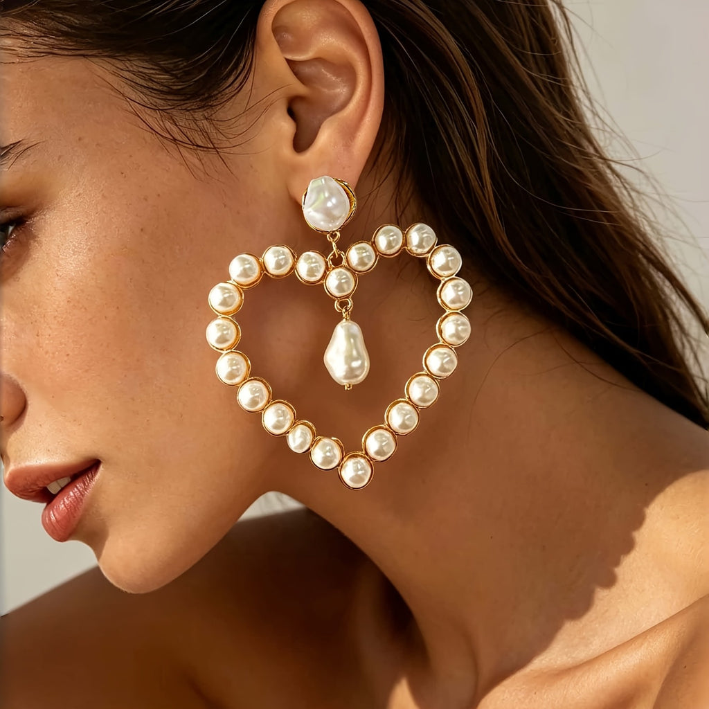 Boho Pearl Heart Drop Earrings
