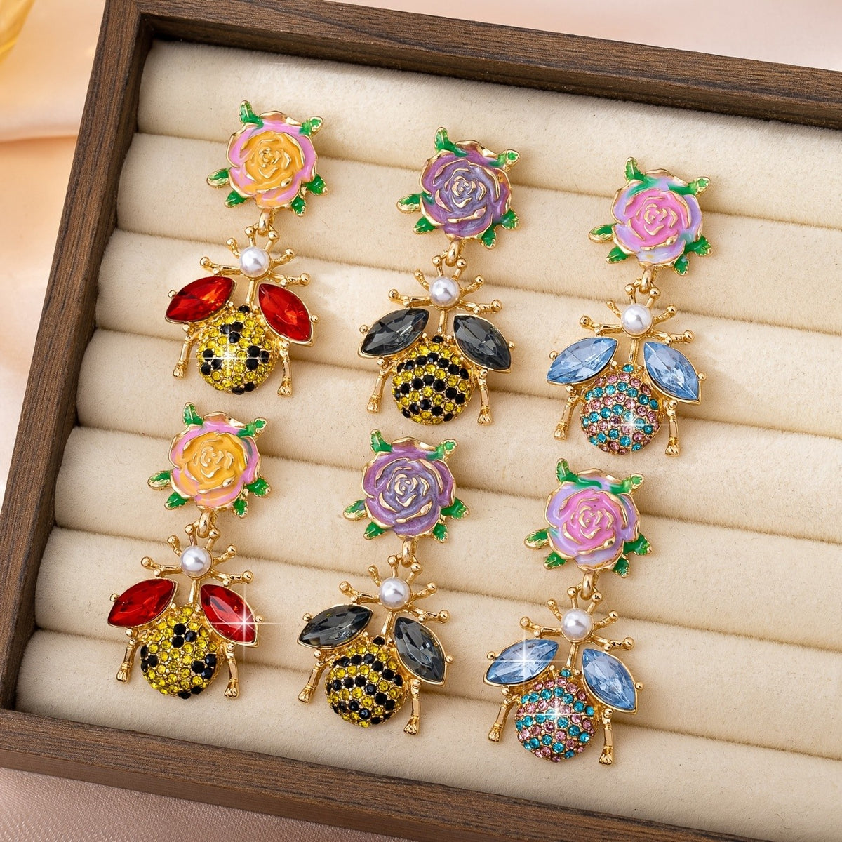 Whimsical Rose Bee Drop Earrings