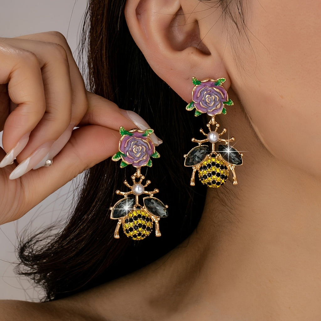 Whimsical Rose Bee Drop Earrings