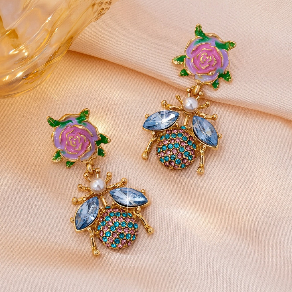 Whimsical Rose Bee Drop Earrings