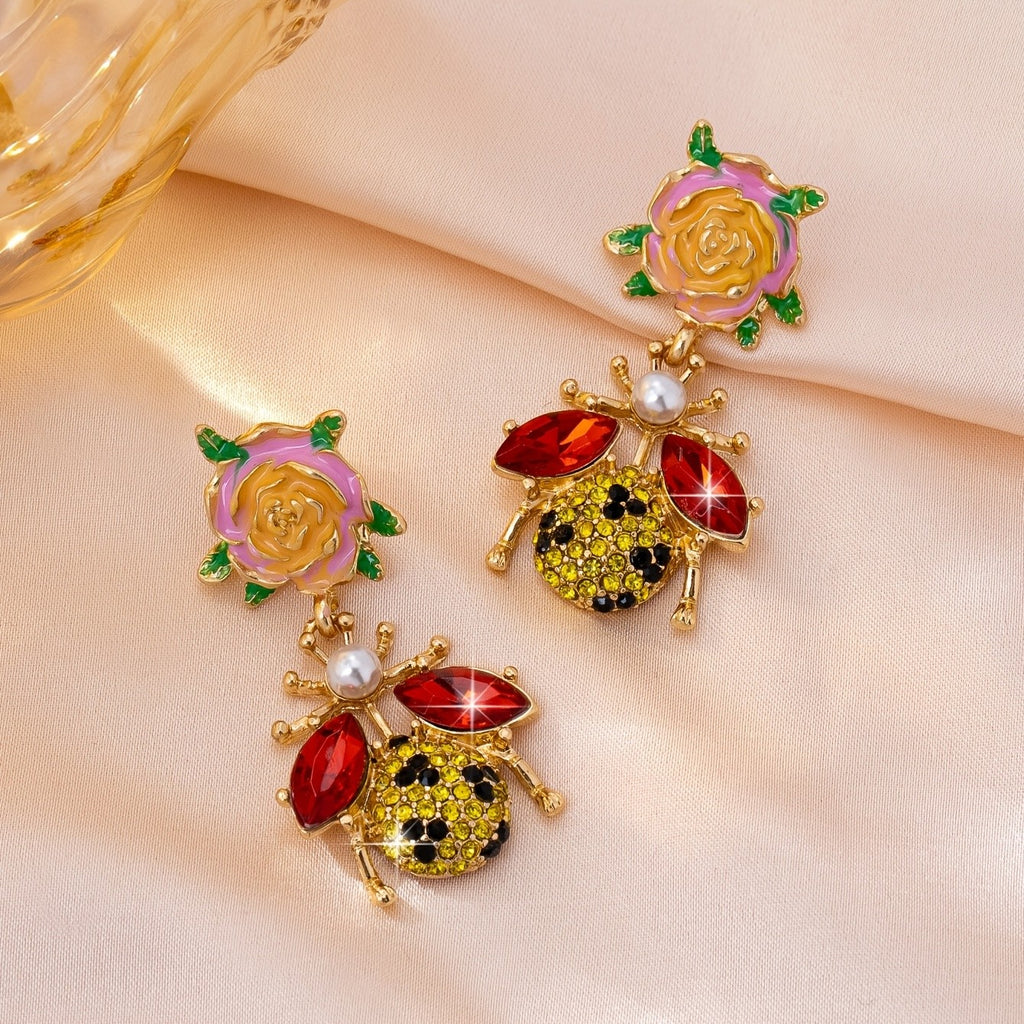 Whimsical Rose Bee Drop Earrings