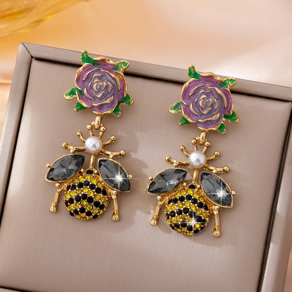 Whimsical Rose Bee Drop Earrings