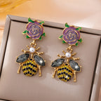 Whimsical Rose Bee Drop Earrings