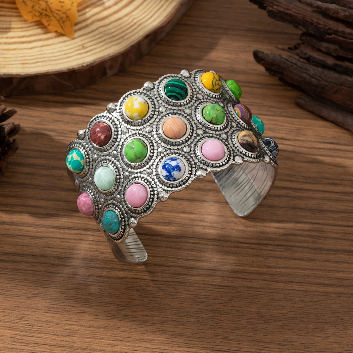 Boho Multicolor Gemstone Cuff Bracelet