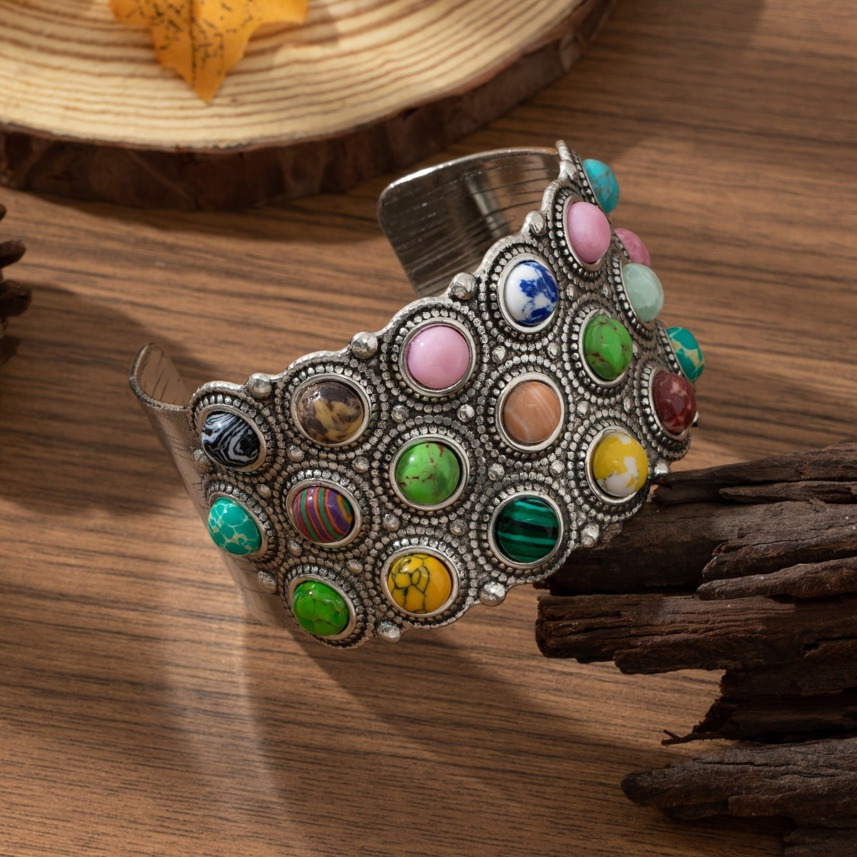 Boho Multicolor Gemstone Cuff Bracelet