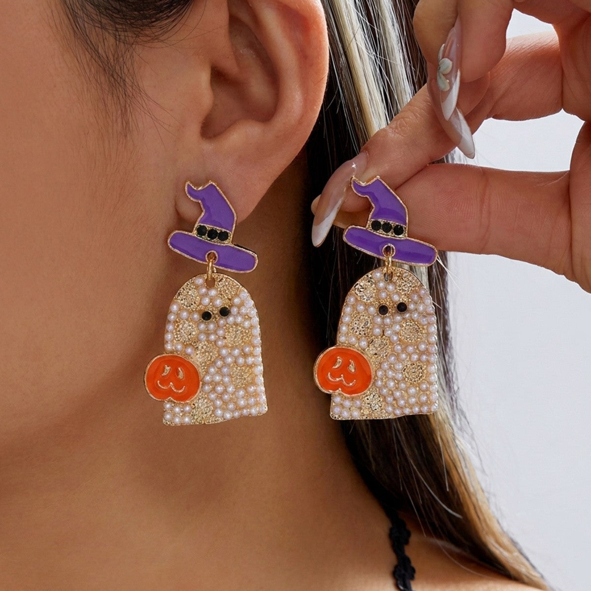 Whimsical Ghost Pearl Drop Earrings