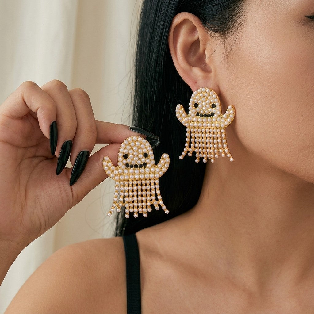 Whimsical Ghost Pearl Drop Earrings