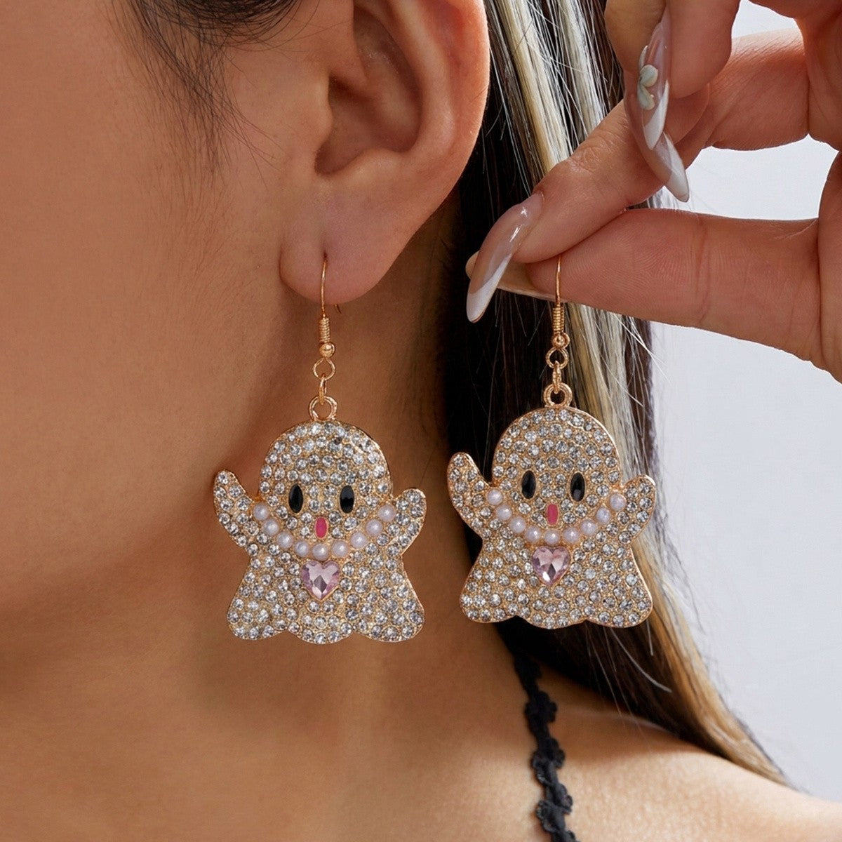 Whimsical Ghost Pearl Drop Earrings