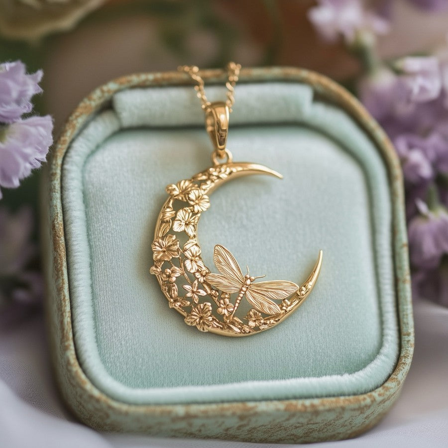 Whimsical Moon Dragonfly Floral Necklace