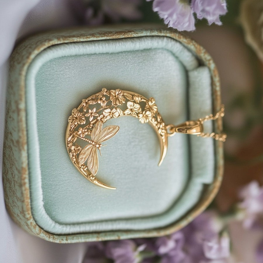 Whimsical Moon Dragonfly Floral Necklace
