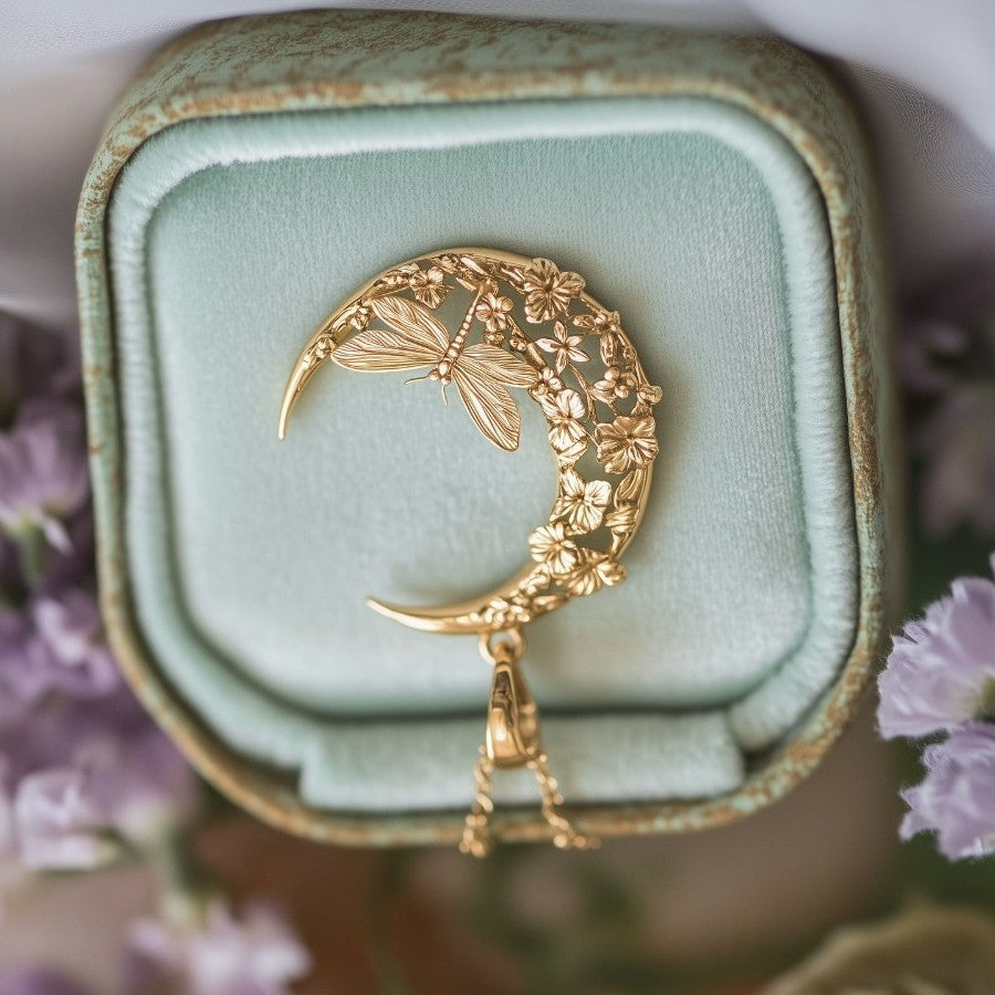 Whimsical Moon Dragonfly Floral Necklace