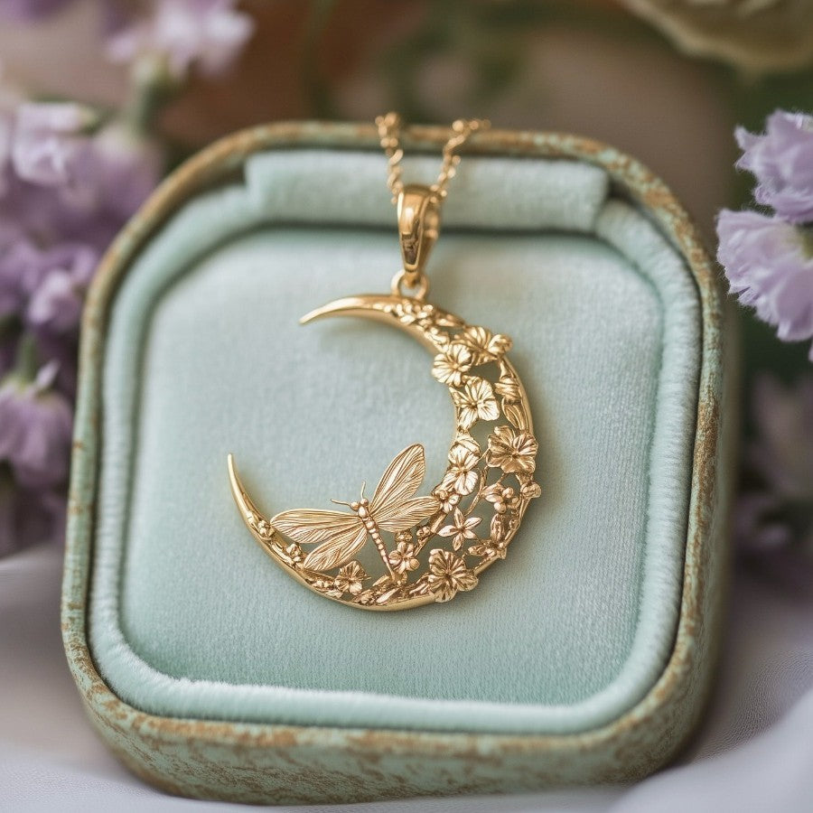Whimsical Moon Dragonfly Floral Necklace