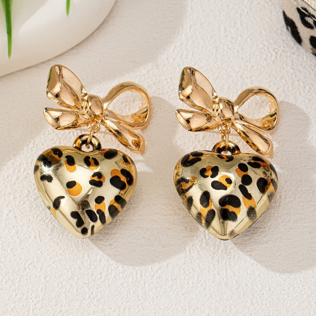 Leopard Print Bow Heart Drop Earrings