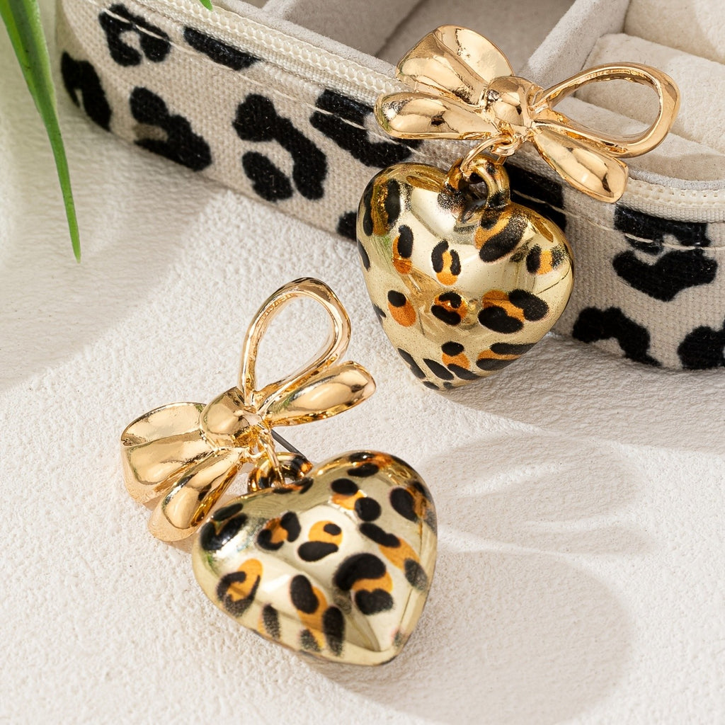 Leopard Print Bow Heart Drop Earrings