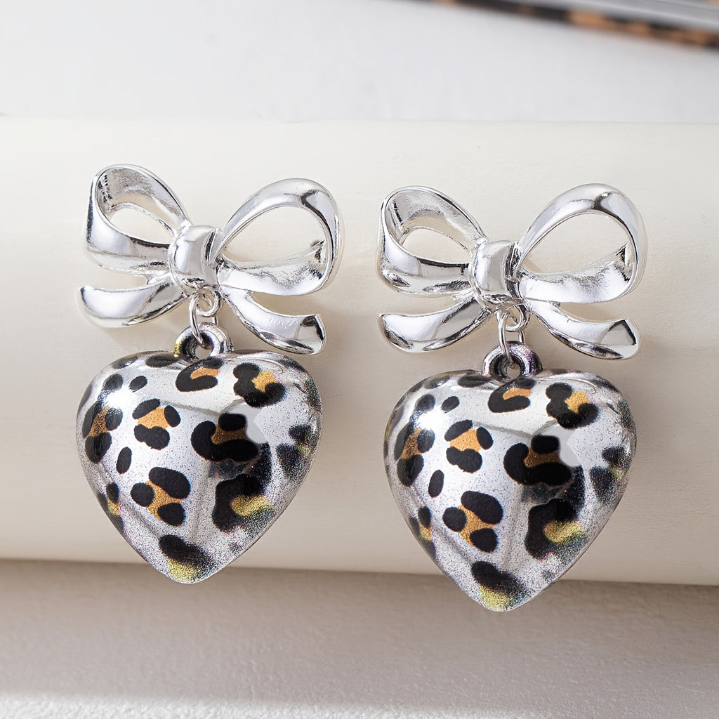 Leopard Print Bow Heart Drop Earrings