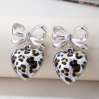 Leopard Print Bow Heart Drop Earrings