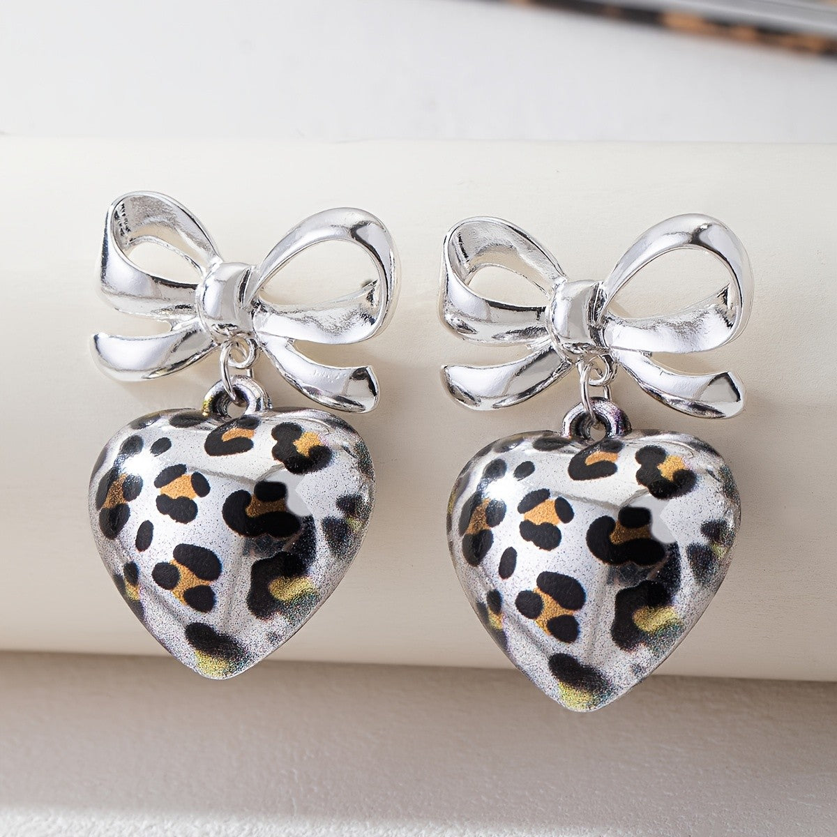 Leopard Print Bow Heart Drop Earrings