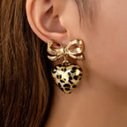 Leopard Print Bow Heart Drop Earrings