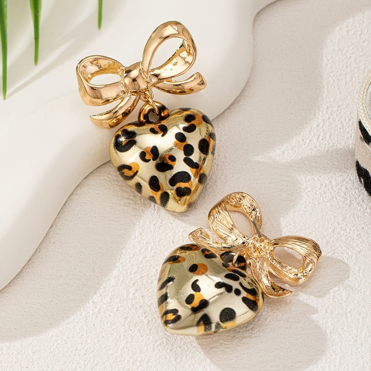 Leopard Print Bow Heart Drop Earrings