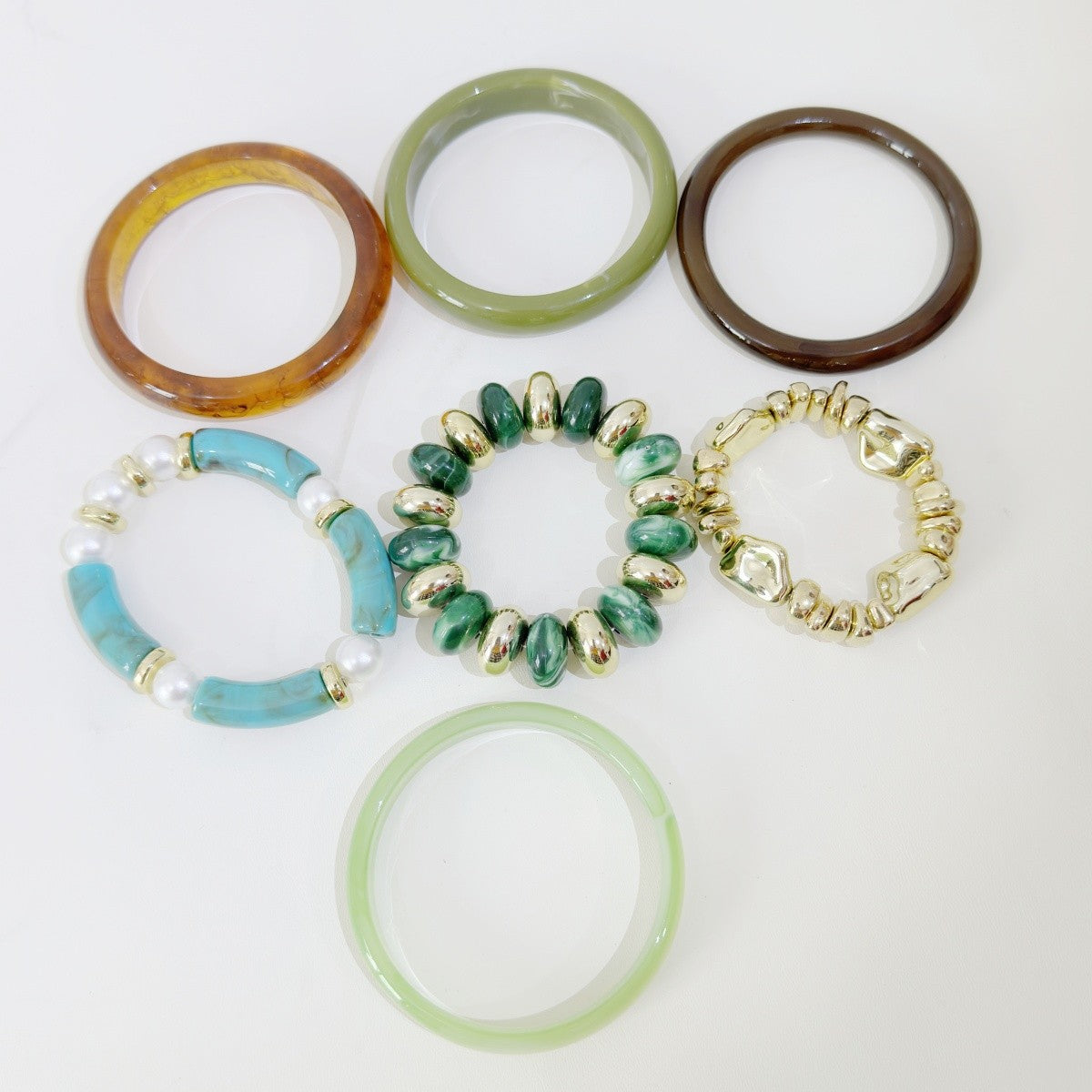 7pc Emerald Mosaic Bead Bracelet Set