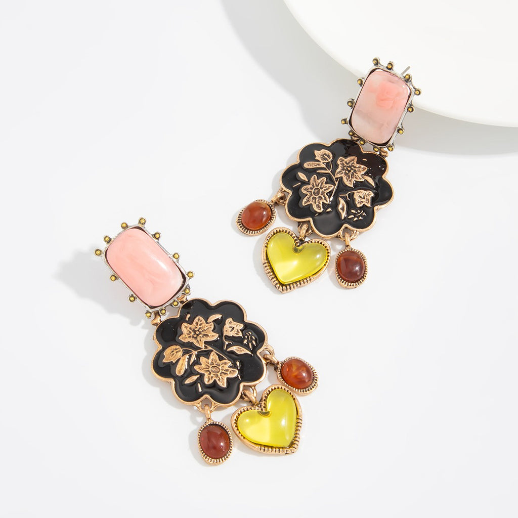 Ornate Floral Heart Drop Earrings