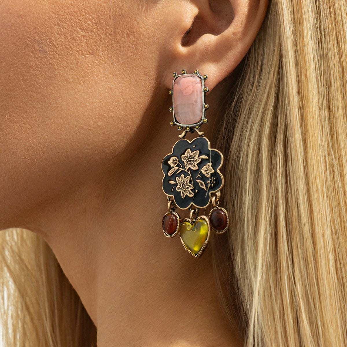Ornate Floral Heart Drop Earrings