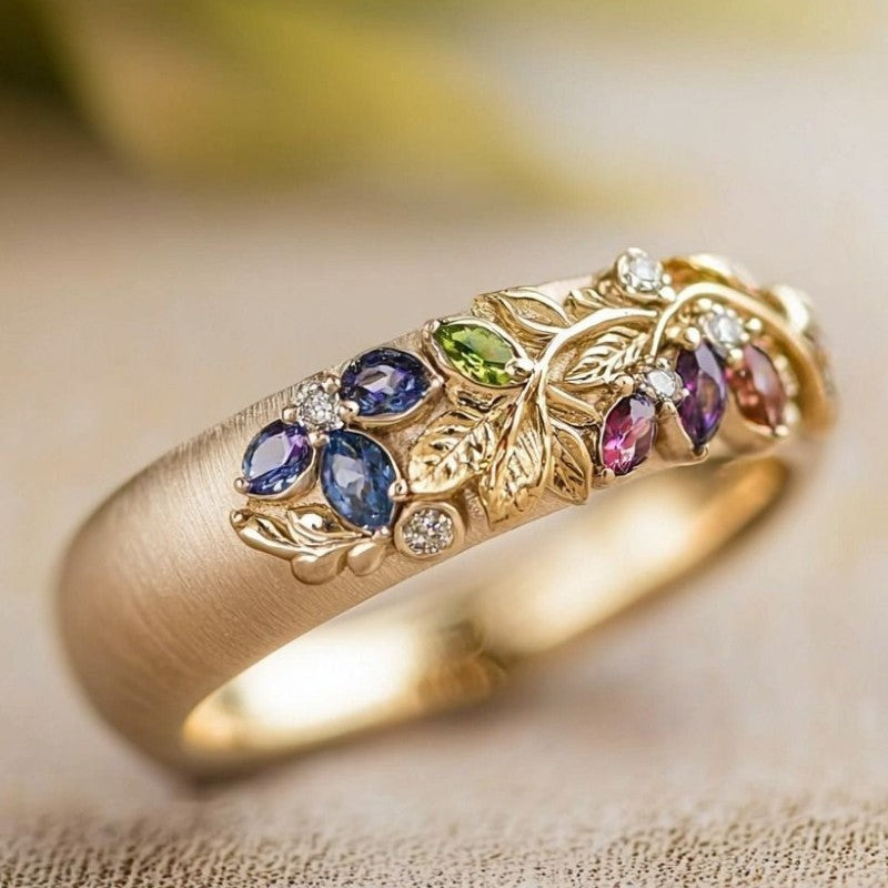 Elegant Floral Leaf Gemstone Ring