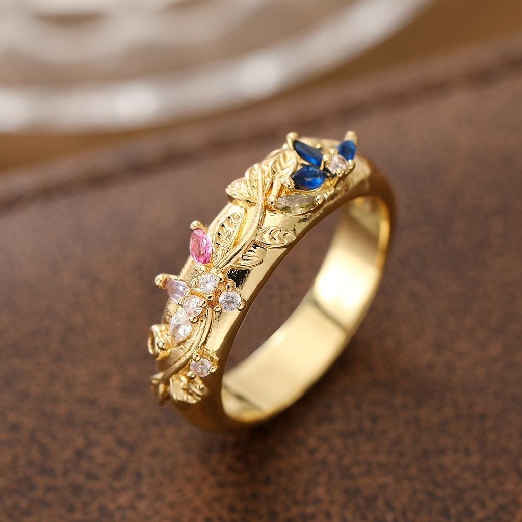 Elegant Floral Leaf Gemstone Ring