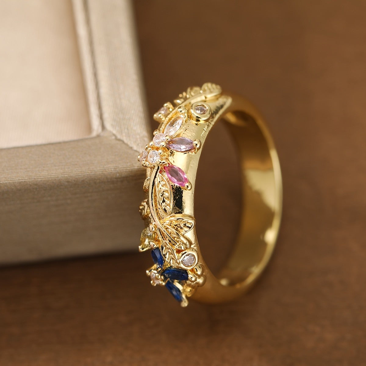 Elegant Floral Leaf Gemstone Ring